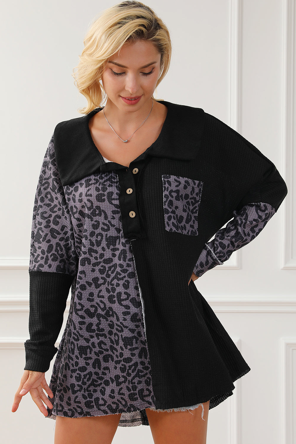 Half Button Leopard Collared Neck Blouse - felvior