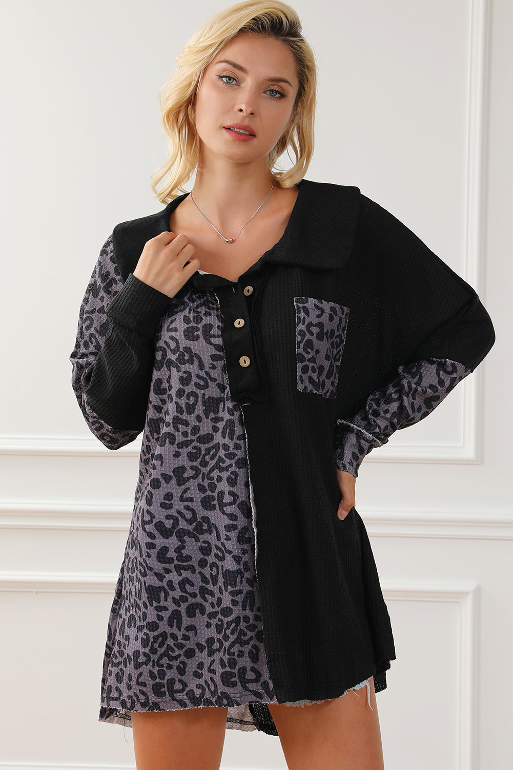 Half Button Leopard Collared Neck Blouse - felvior