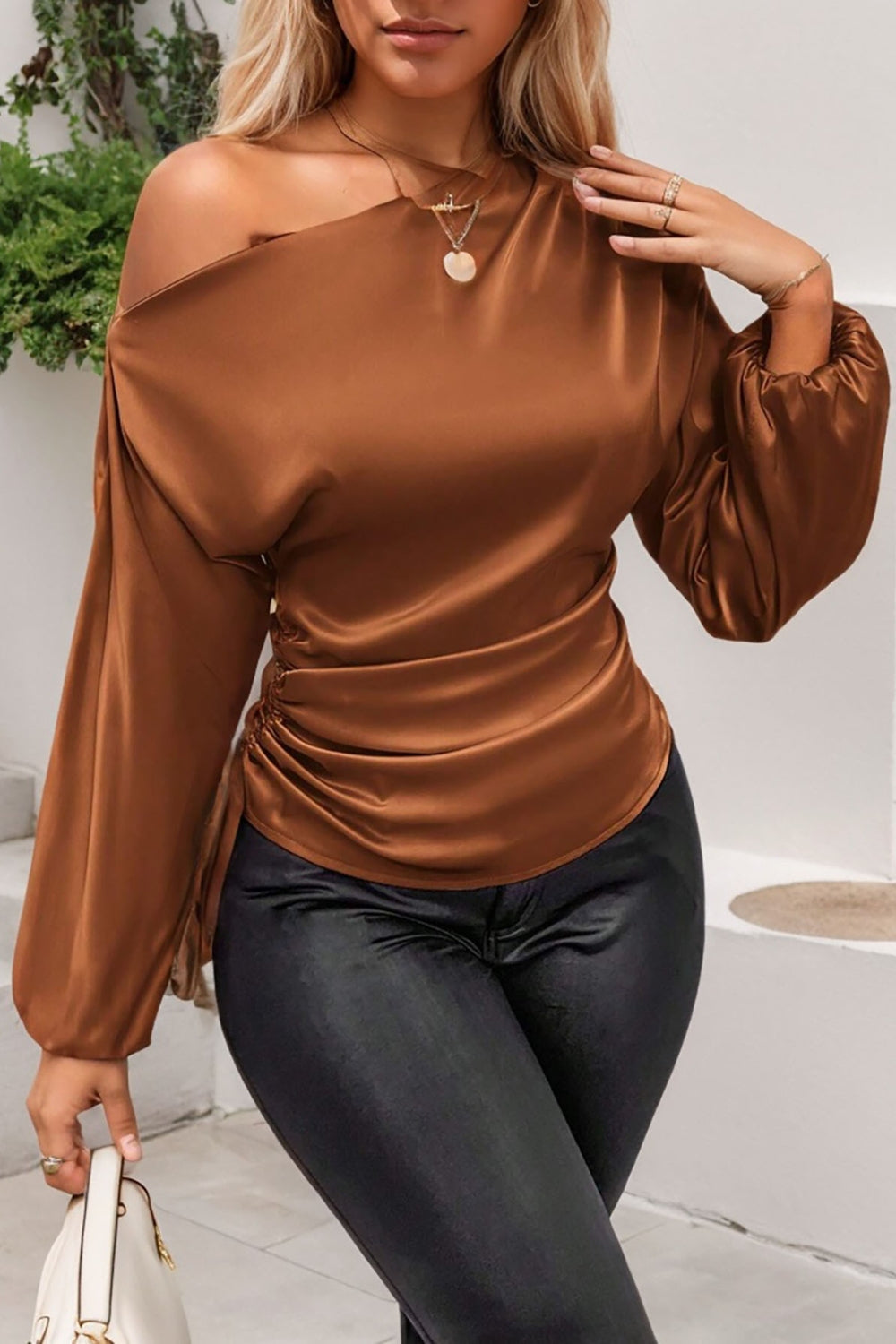 Drawstring One Shoulder Long Sleeve Blouse - felvior
