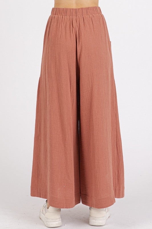 Mittoshop Gauze Elastic Waist Pleated Wide Leg Pants - felvior