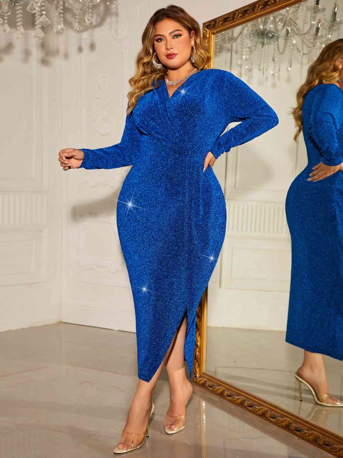 Honey Plus Size Surplice Neck Slit Dress - felvior