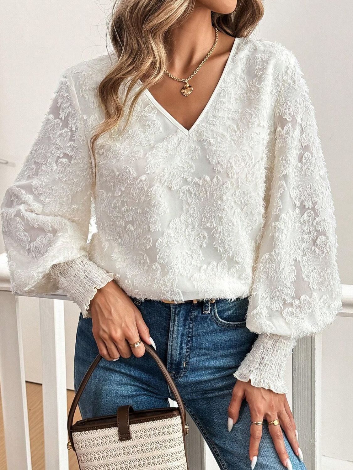 V-Neck Lantern Sleeve Blouse - felvior