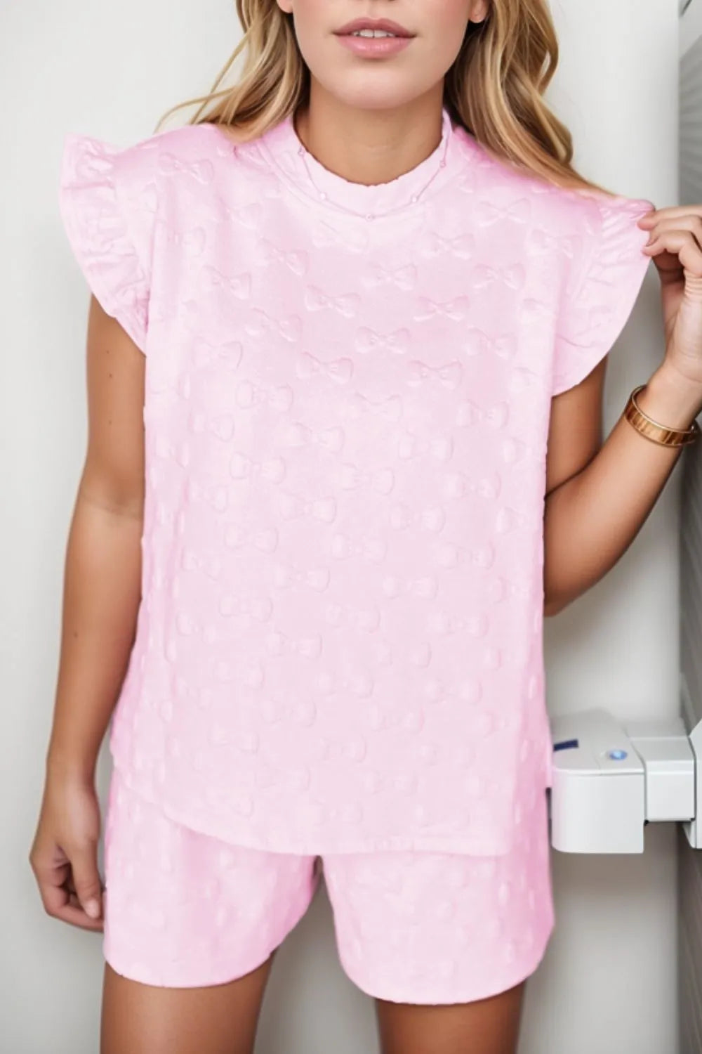 Bow Jacquard Ruffle Cap Sleeve Top and Shorts Set Image principale du produit