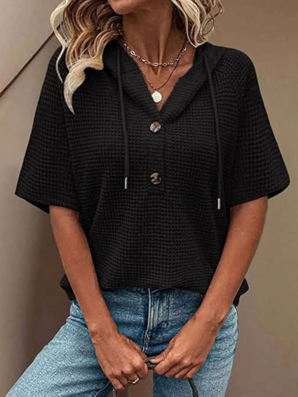 Drawstring Waffle-Knit Short Sleeve Hooded Top