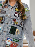 Embroidered Patch Button Up Long Sleeve Denim Jacket - felvior