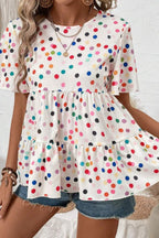 Polka Dot Short Sleeve Tiered Ruffled Babydoll Blouse