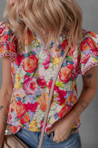 Lace Trim Ruffle Cap Sleeve Floral Blouse
