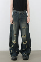 Men's Frayed Hem Distressed Wide Leg Jeans