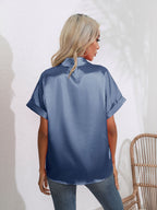Button Down Collared Neck Short Sleeve Satin Shirt