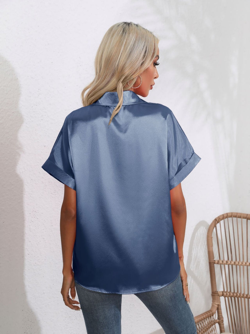 Button Down Collared Neck Short Sleeve Satin Shirt