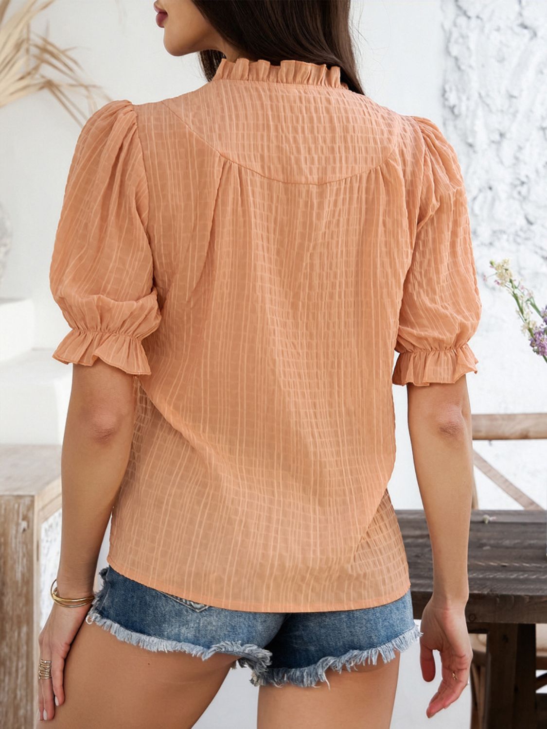 Devine Frill Notched Short Sleeve Blouse - felvior