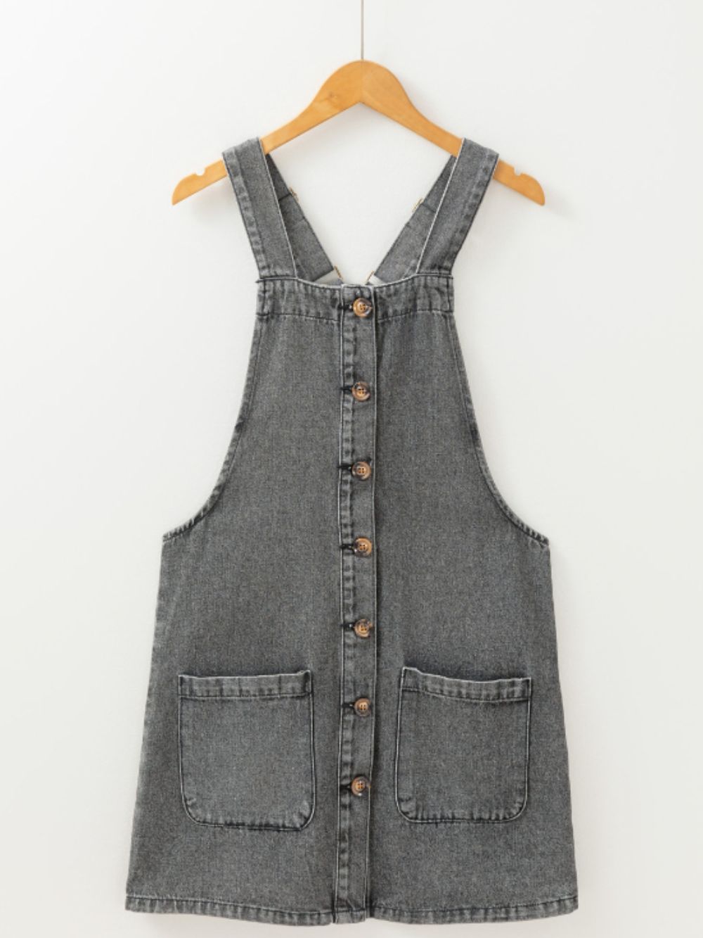 Wide Strap Button Down Denim Overall Dress - felvior