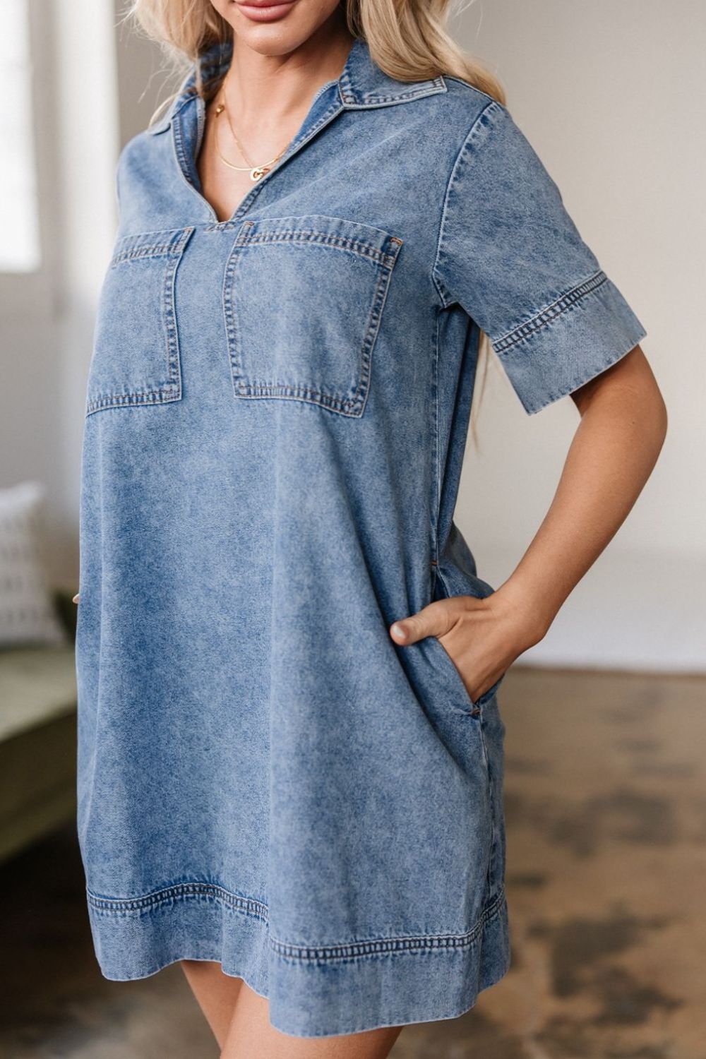 Short Sleeve Collared Patched Pocket Denim Mini Dress