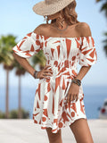 Printed Off-Shoulder Smocked Waist Dress - felvior