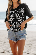 Checkered Peace Sign Round Neck T-Shirt