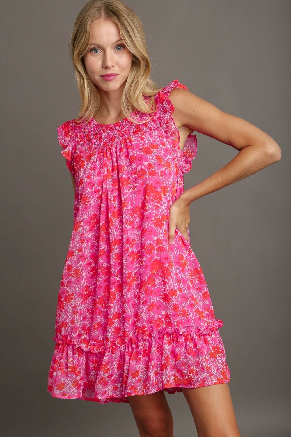 Umgee Full Size Smocked Detail Floral Metallic Ruffle Cap Sleeve Dress Plus Size - felvior