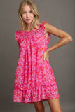 Umgee Full Size Smocked Detail Floral Metallic Ruffle Cap Sleeve Dress Plus Size - felvior