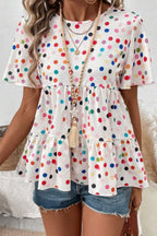 Polka Dot Short Sleeve Tiered Ruffled Babydoll Blouse