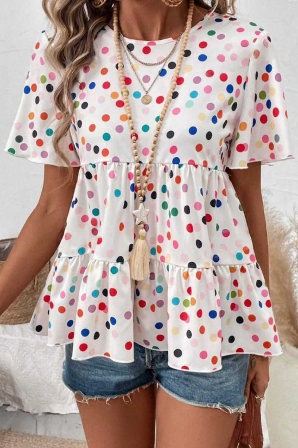 Polka Dot Short Sleeve Tiered Ruffled Babydoll Blouse