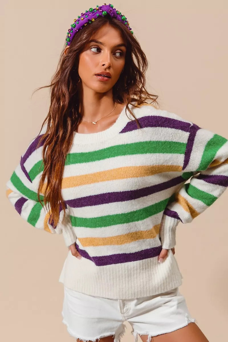 SO ME Mardi Gras Color Stripe Round Neck Sweater Top Secondary image