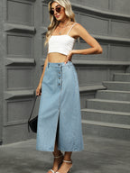 Slit Button Detail Denim Midi Skirt