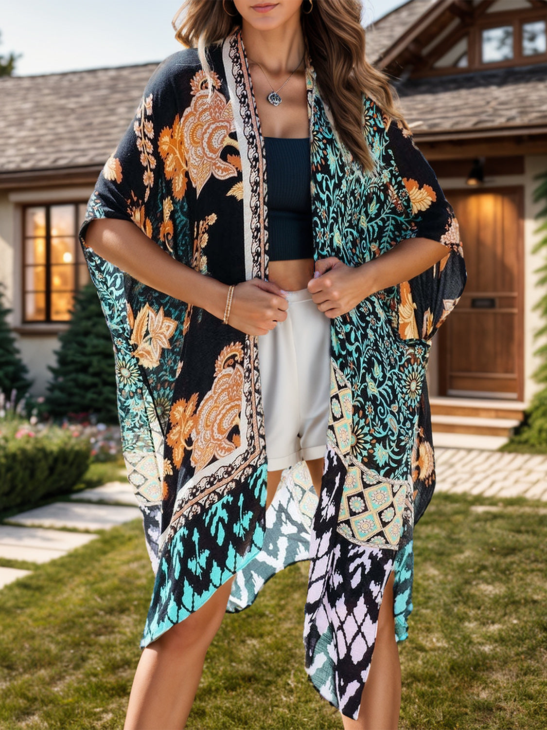 Printed Open Front Cover-Up - felvior