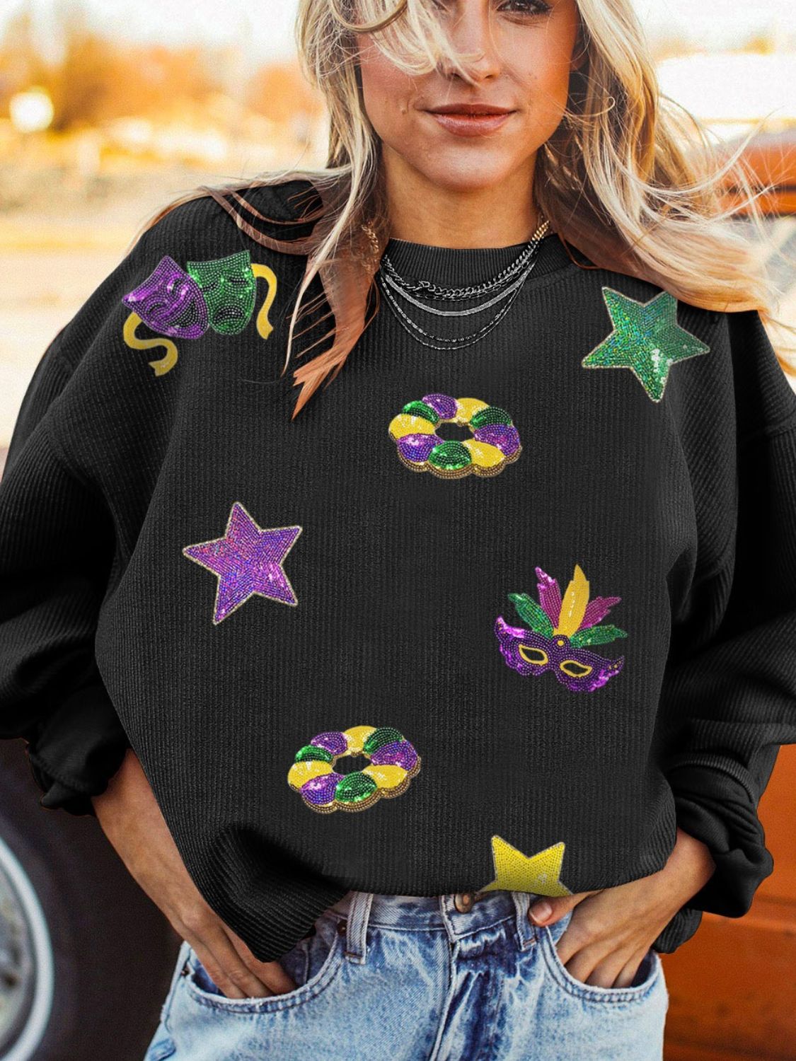 Sequin Round Neck Long Sleeve Sweatshirt - felvior