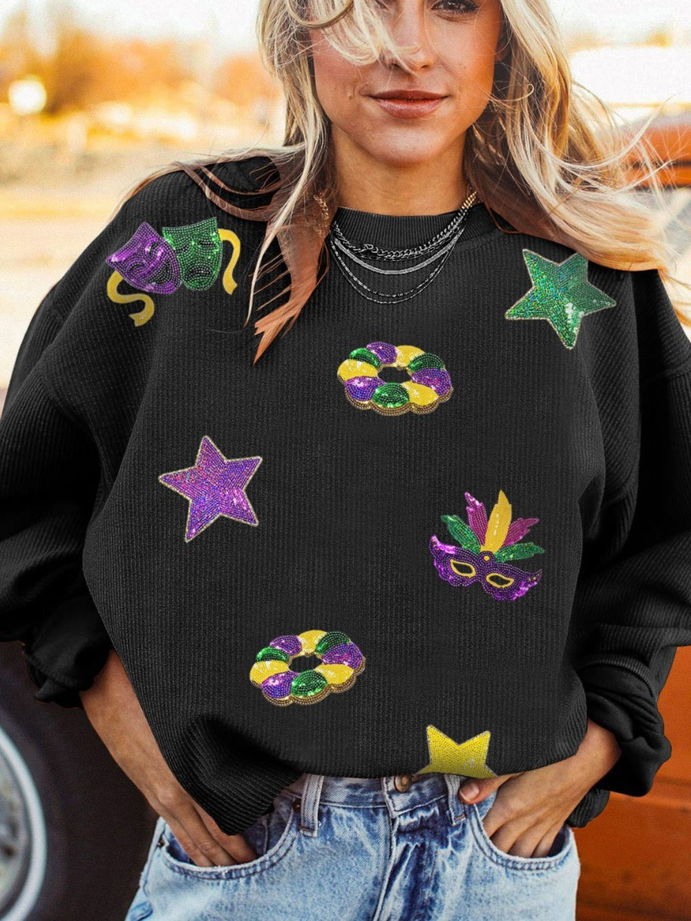 Sequin Round Neck Long Sleeve Sweatshirt - felvior