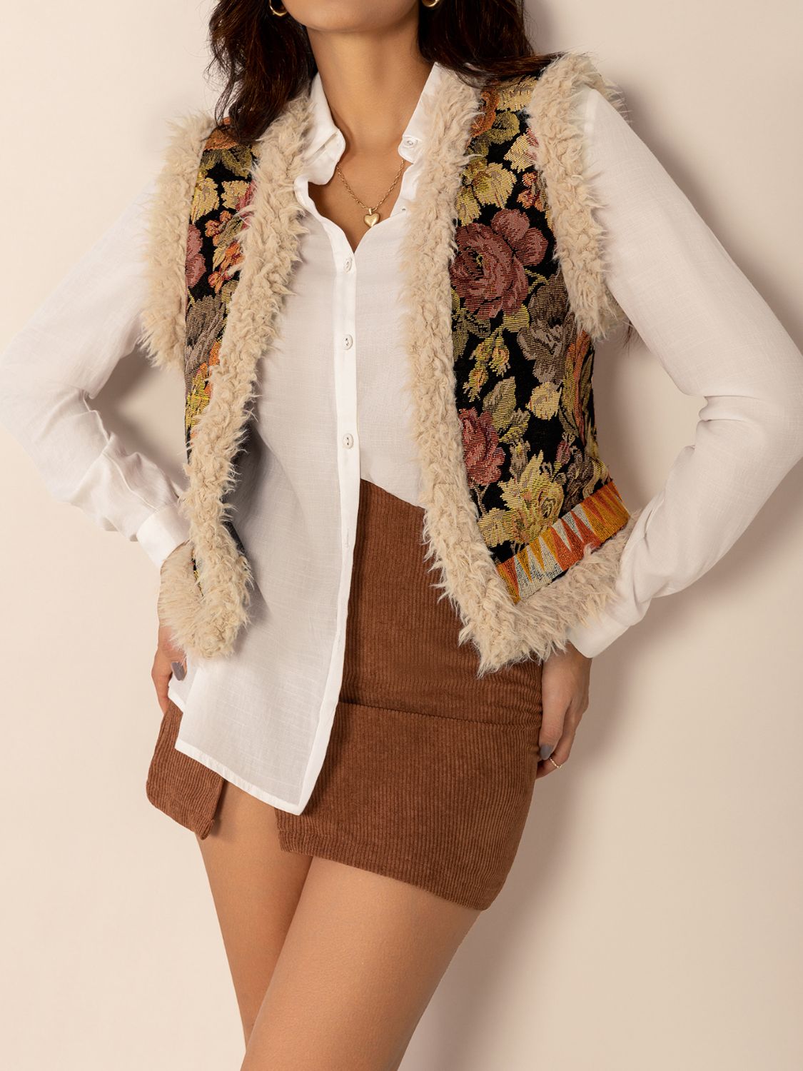 Embroidered Fuzzy Trim Open Front Vest Coat - felvior