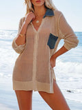 Side Slit Openwork Collared Neck Cover-Up - felvior