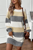 Color Block Boat Neck Long Sleeve Sweater Dress - felvior
