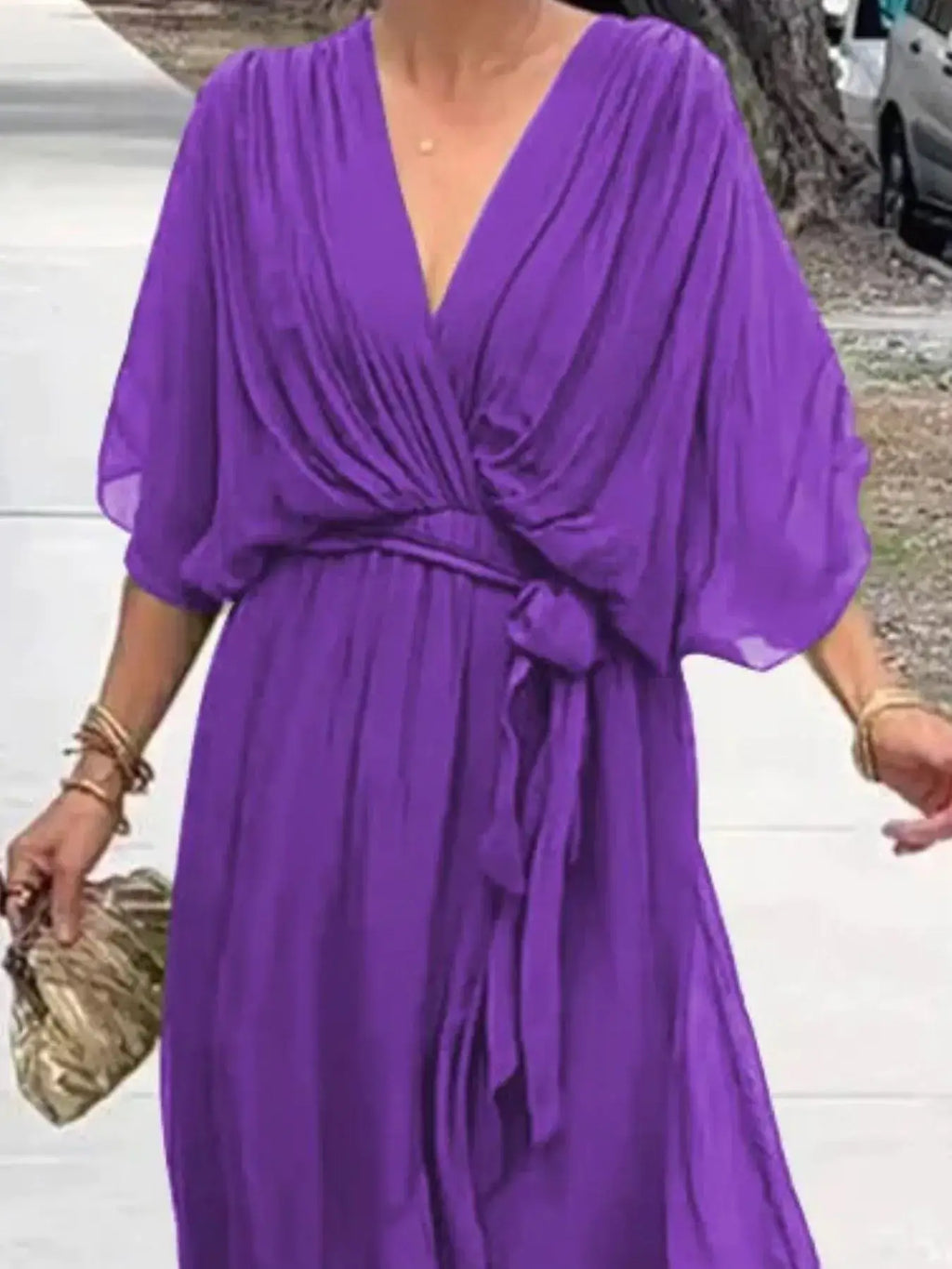 Full Size Flowy Tie Front Midi Dress with Flutter Sleeves Plus Size