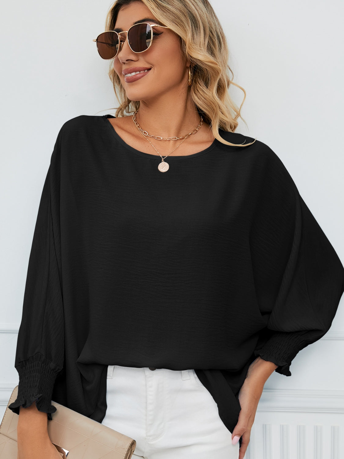 Smocked Lantern Sleeve Round Neck Blouse - felvior