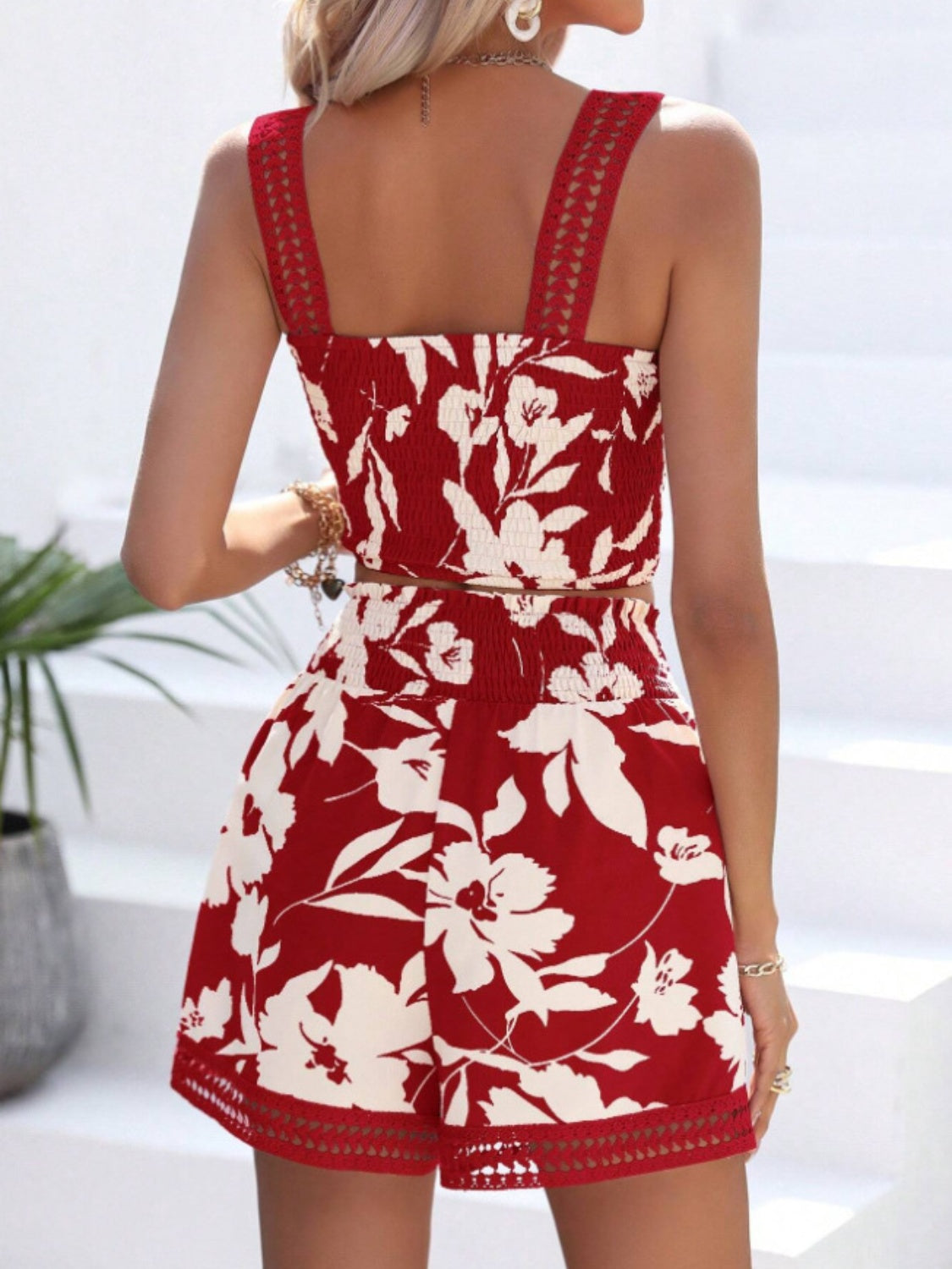 Smocked Printed Square Neck Top and Shorts Set - felvior