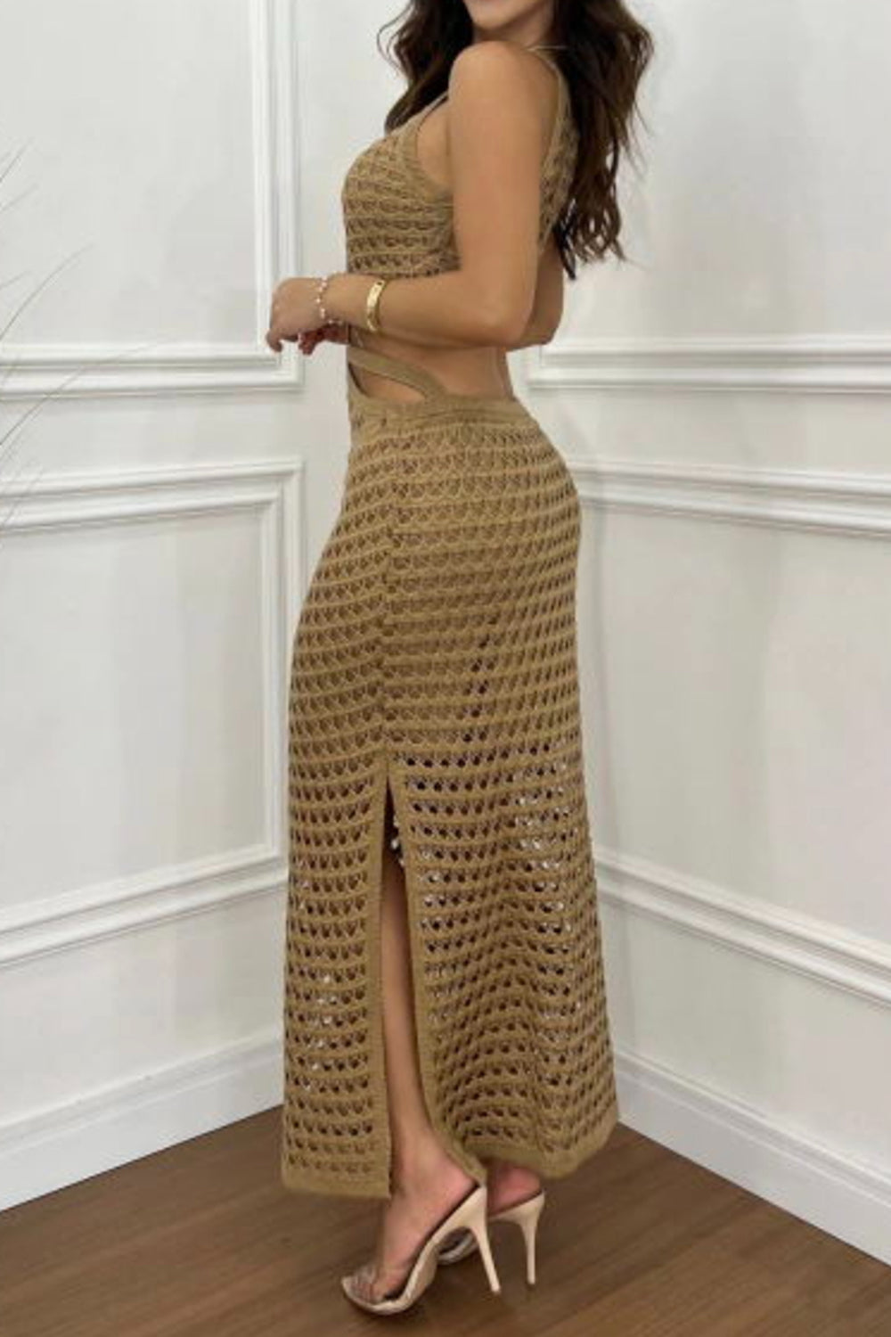 Cutout Slit Round Neck Sweater Dress - felvior