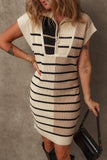 Striped Quarter Zip Cap Sleeve Sweater Dress - felvior