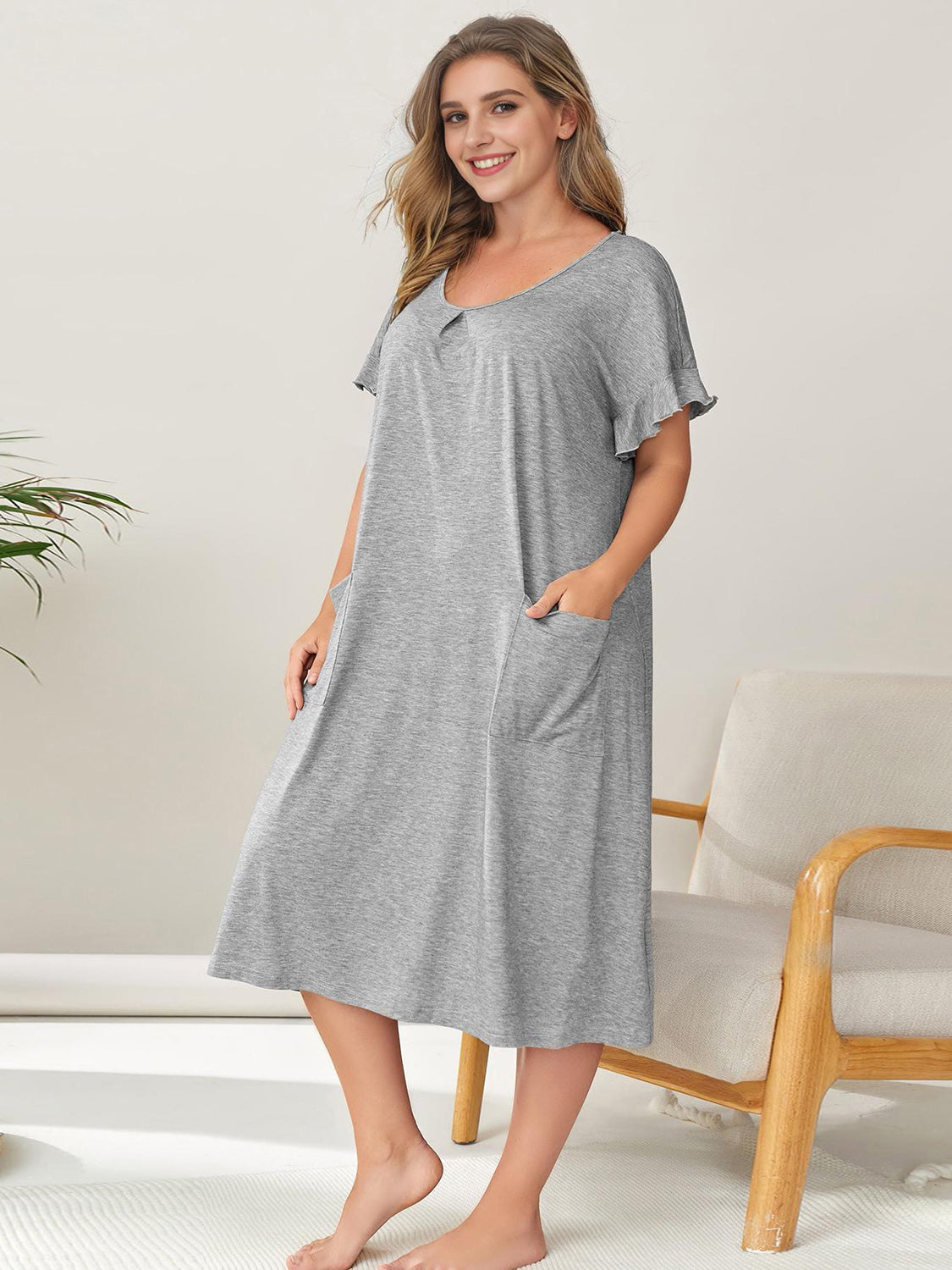 Plus Size Round Neck Short Sleeve Lounge Dress - felvior