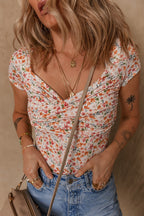 Printed Ruched Short Sleeve Bodysuit