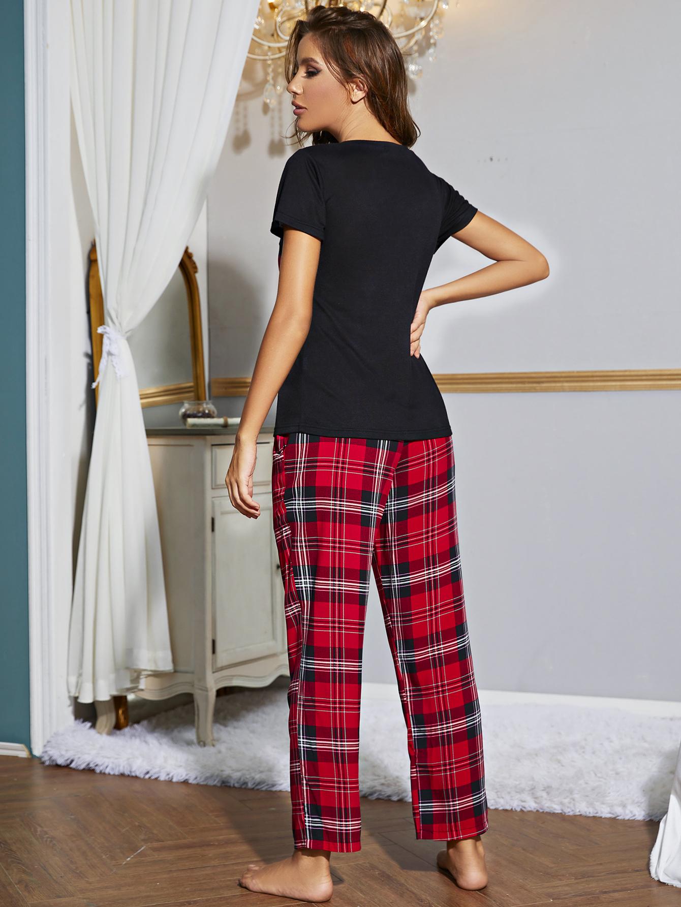 Heart Graphic V-Neck Top and Plaid Pants Lounge Set Secondary image