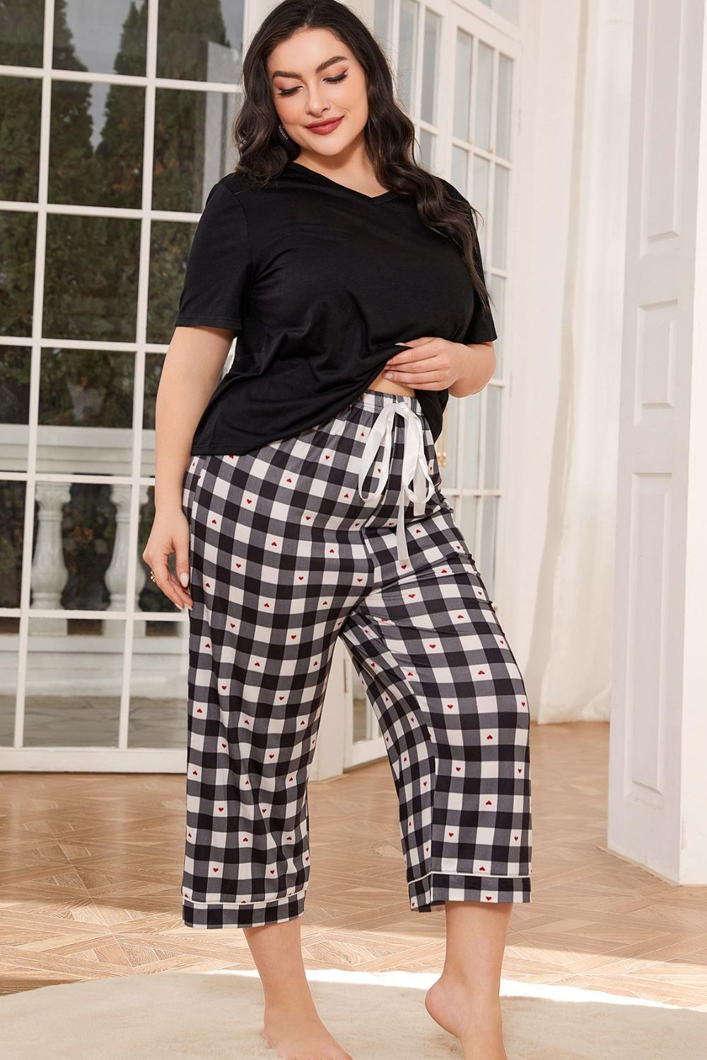 V-Neck Tee and Plaid Cropped Pants Lounge Set - felvior
