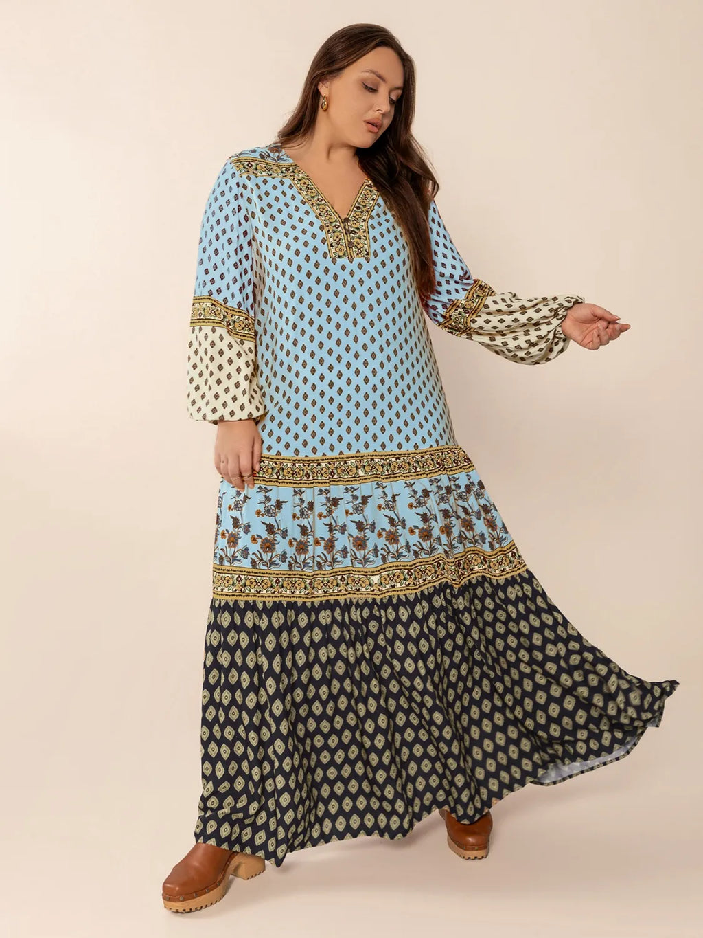 Plus Size Printed V-Neck Balloon Sleeve Maxi Dress