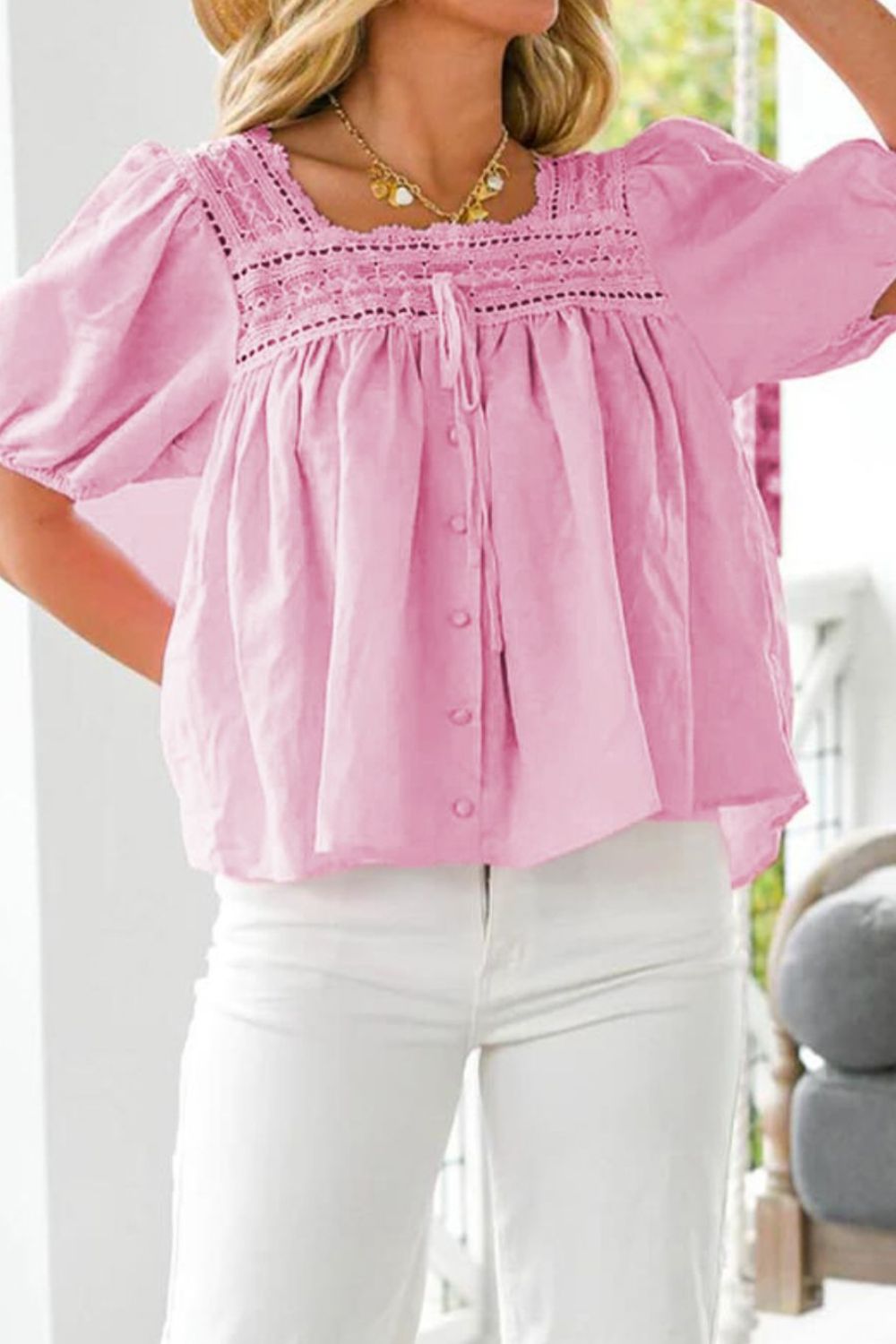 Lace Detail Square Neck Puff Sleeve Blouse