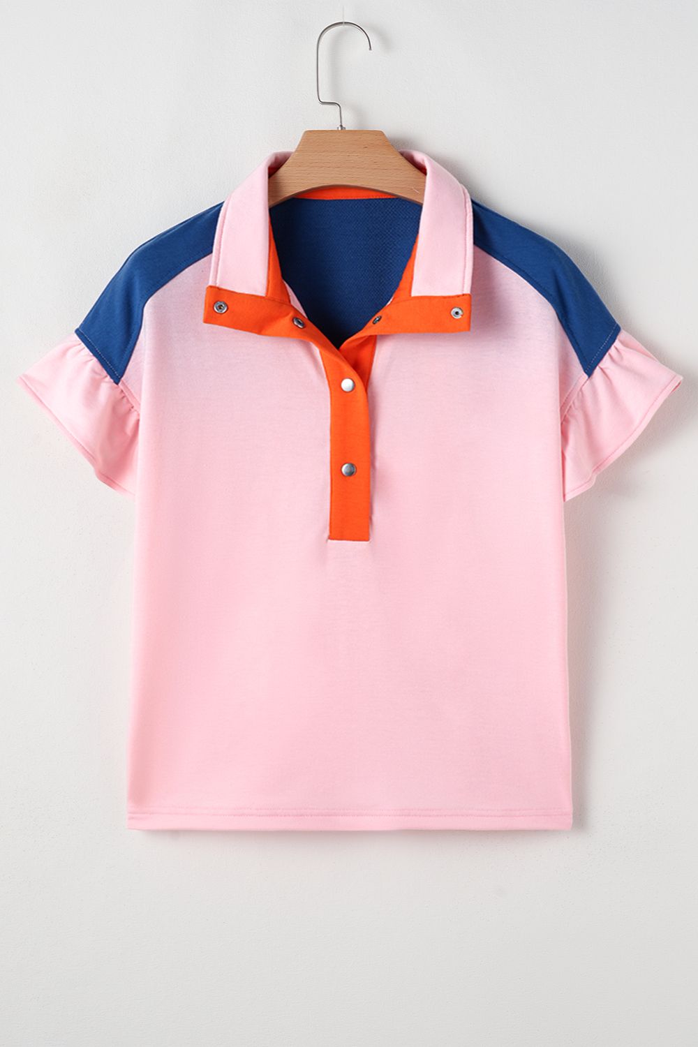 Color Block Half Buttoned Ruffled Short Sleeve T Shirt - felvior
