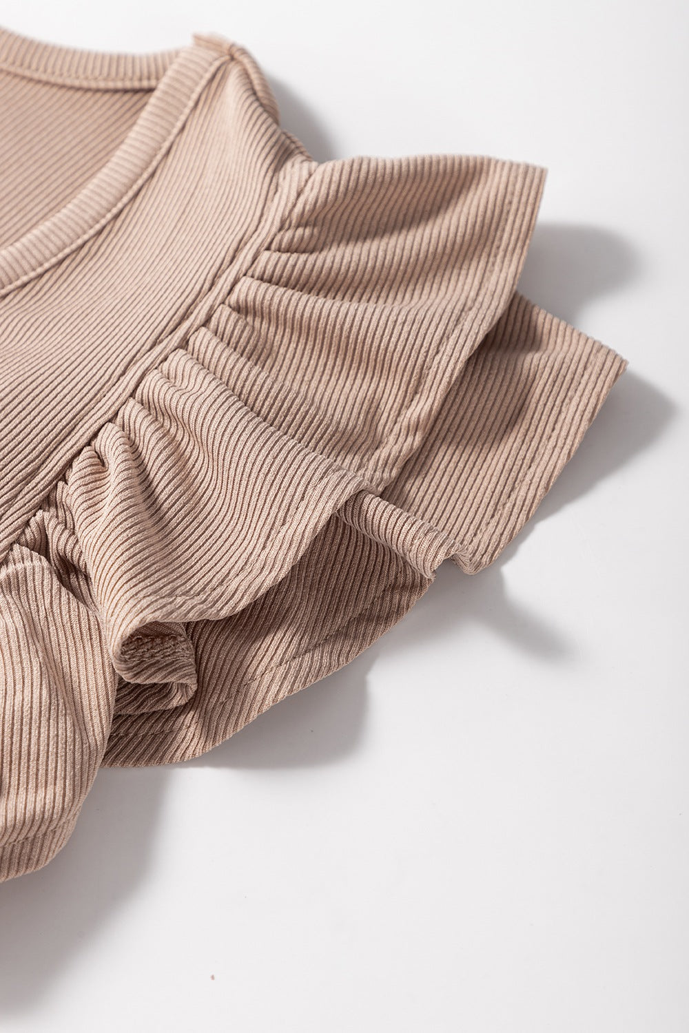 Ribbed Knit Ruffled Cap Sleeve Slim Fit Top - felvior