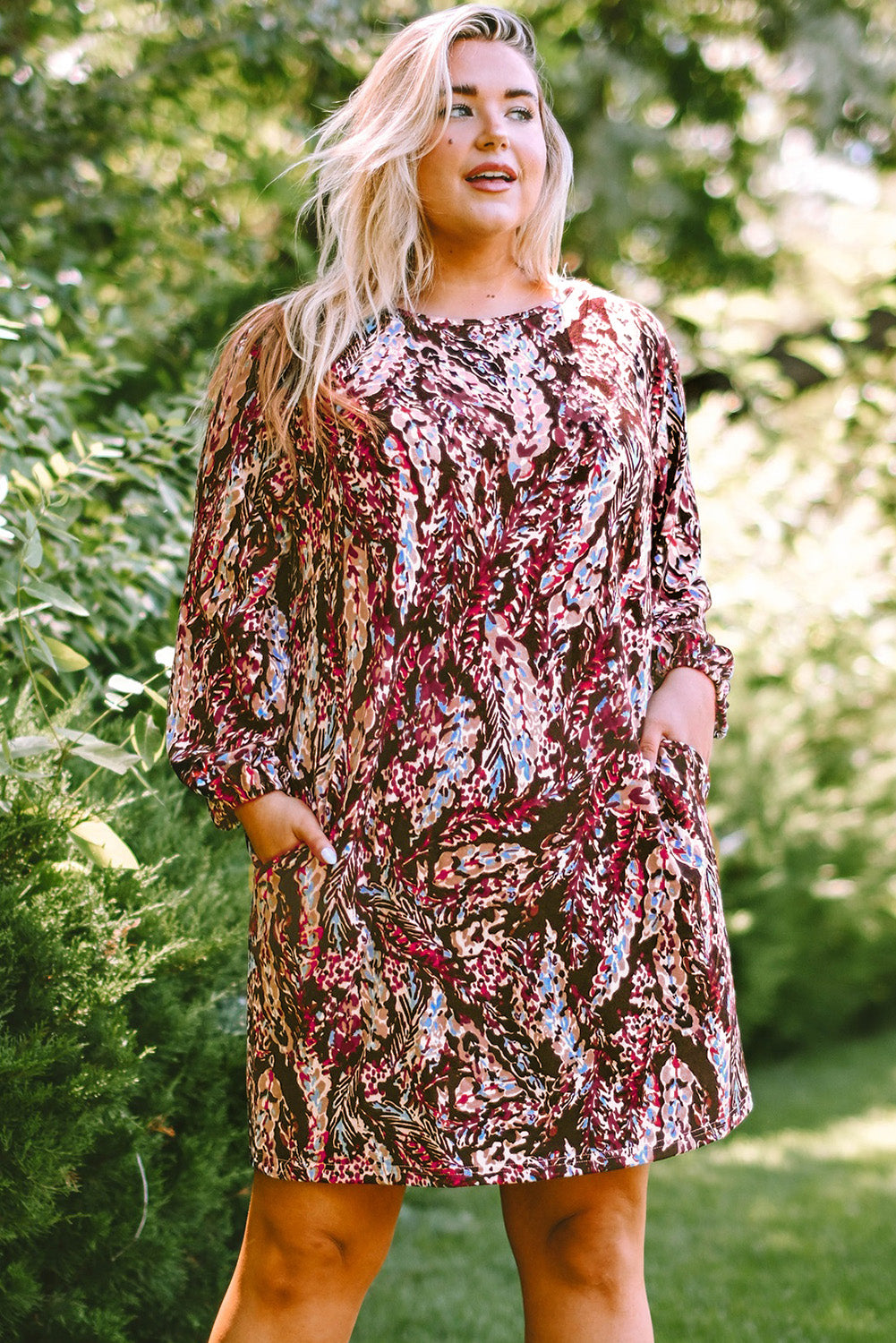 Plus Size Printed Round Neck Long Sleeve Mini Dress - felvior