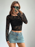 Round Neck Long Sleeve Lace Sheer Top - felvior