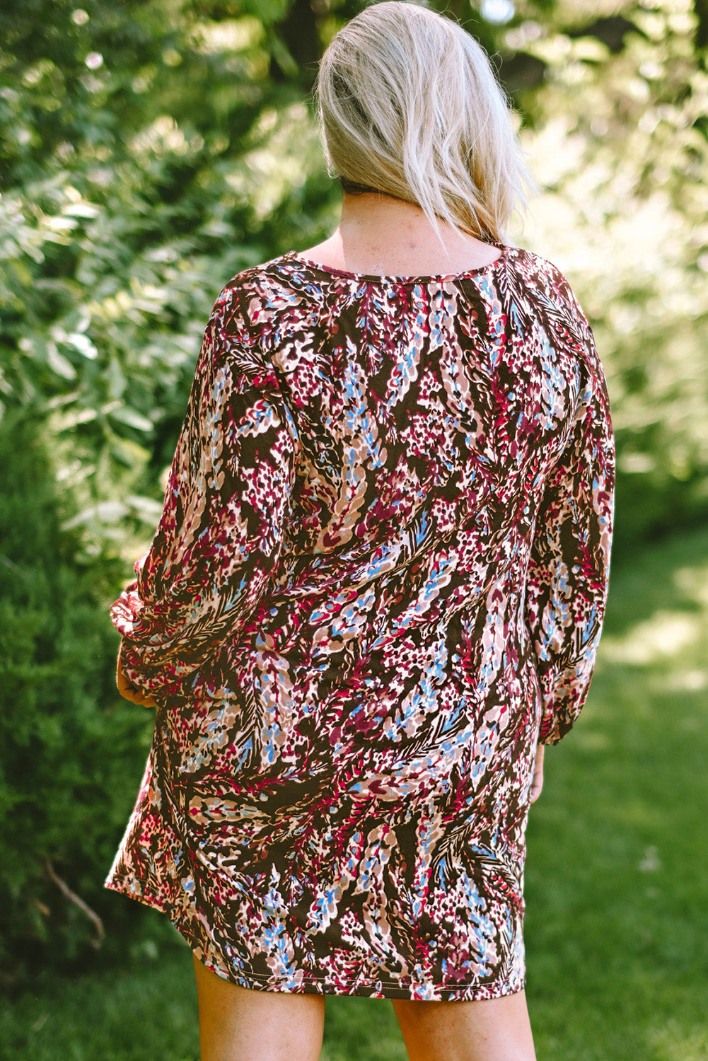 Plus Size Printed Round Neck Long Sleeve Mini Dress - felvior