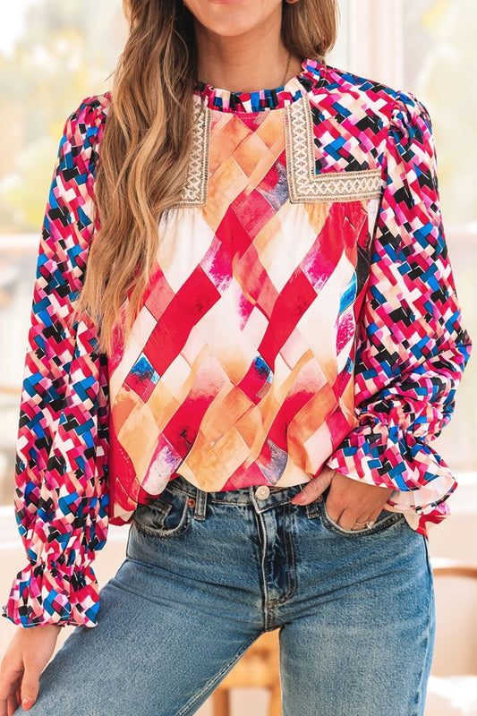 Abstract Geometric Pattern Flounce Sleeve Blouse - felvior