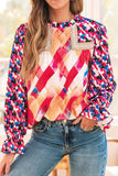 Abstract Geometric Pattern Flounce Sleeve Blouse - felvior