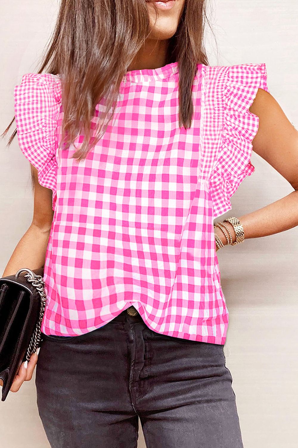 Checkered Ruffled Sleeve Frilled Neck Blouse